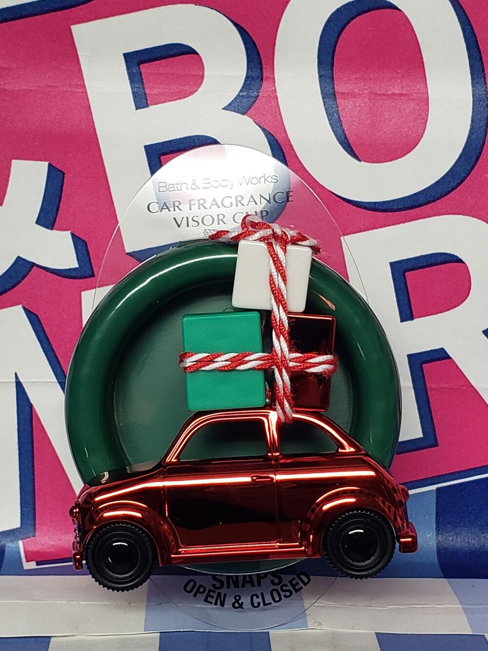 BBW Red Car Carrying Christmas Presents Visor Clip Car Fragrance Holder Decor
